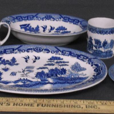 Vintage Blue Willow Lot, Platter, Veggie Bowl, Mugs, England C/S