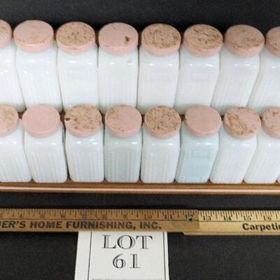 Large Griffiths Vintage Milk Glass Spice Set on Wood Holder