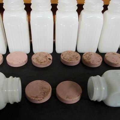 Large Griffiths Vintage Milk Glass Spice Set on Wood Holder