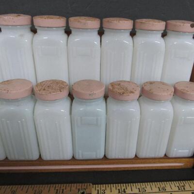 Large Griffiths Vintage Milk Glass Spice Set on Wood Holder