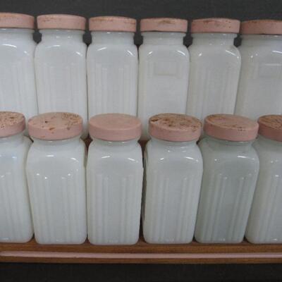 Large Griffiths Vintage Milk Glass Spice Set on Wood Holder