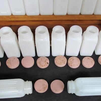 Large Griffiths Vintage Milk Glass Spice Set on Wood Holder