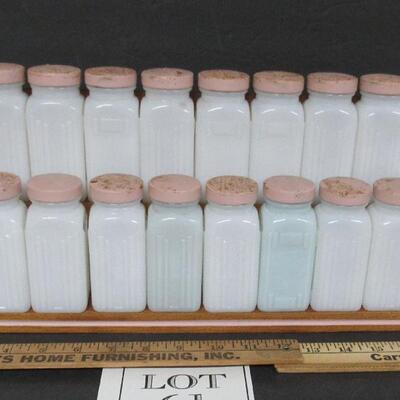Large Griffiths Vintage Milk Glass Spice Set on Wood Holder