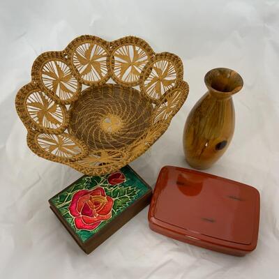 -139- Wood Vase | Hand Made Basket | Vintage Storage