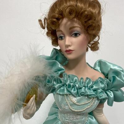 -182- Franklin Mint Heirloom Doll | Teal Silky Dress