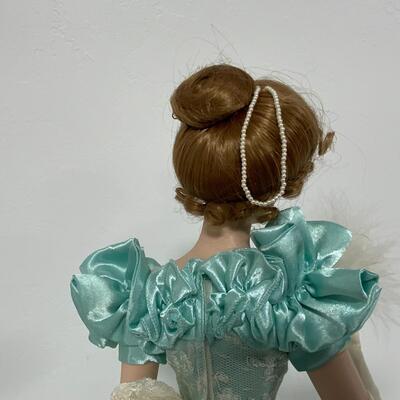 -182- Franklin Mint Heirloom Doll | Teal Silky Dress