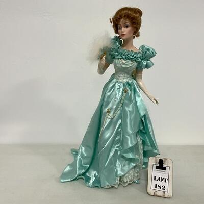 -182- Franklin Mint Heirloom Doll | Teal Silky Dress