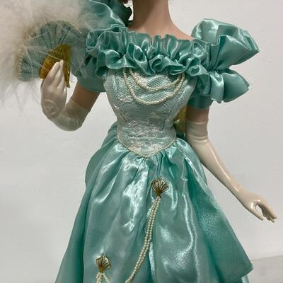 -182- Franklin Mint Heirloom Doll | Teal Silky Dress