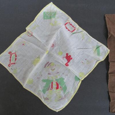 2 Vintage Small Hankies, Child's Clown, Brown With Floral