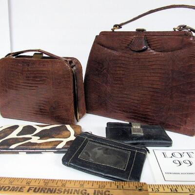 2 Vintage Handbags, Rivits and Palizzio of NY Lizard Skin, and 3 Money/Card Holders