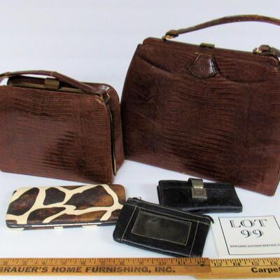 2 Vintage Handbags, Rivits and Palizzio of NY Lizard Skin, and 3 Money/Card Holders