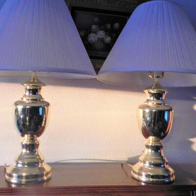 LOT  TWO GOLD TONE LAMPS WITH SHADES