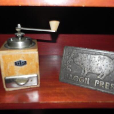 LOT 47  COFFEE GRINDER AND BACON PRESS
