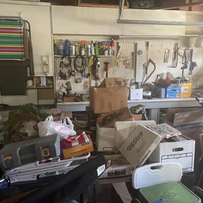 Garage filled with odds & ends, Christmas decorations, tools & collectibles...