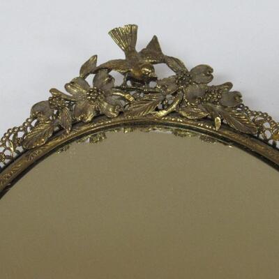 Vintage Fancy Oval Dresser Mirror With Bird Theme, Pierced Metal
