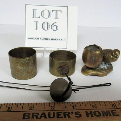 Lot of Brass Smalls, Match Holder, Napkin Ring, Toothpick Holder, Bell