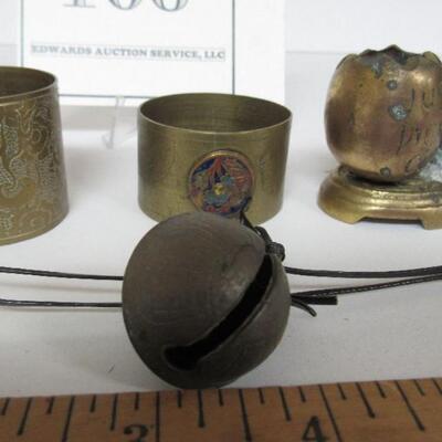 Lot of Brass Smalls, Match Holder, Napkin Ring, Toothpick Holder, Bell