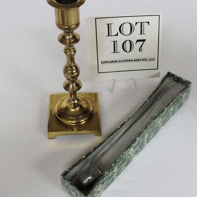Brass Candlestick and Never Used Pewter Candle Snuffer in Box