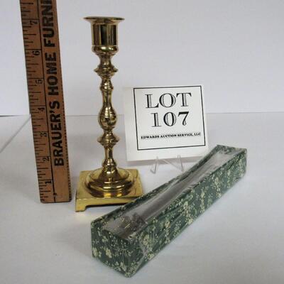 Brass Candlestick and Never Used Pewter Candle Snuffer in Box