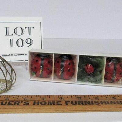 Unused Lady Bug Tiny Candles and Hershey's Kiss Brass Ornament