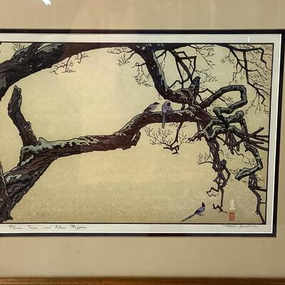 E950 Signed Original Toshi Yoshida (1911 - 1995) Japanese Woodblock Print - â€œPlum Tree and Blue Magpieâ€ 1951