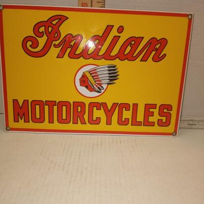 Vintage Indian Motorcycles Ande Rooney Porcelain sign 8.5"x12" Pre-owned