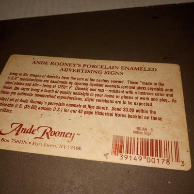Vintage Indian Motorcycles Ande Rooney Porcelain sign 8.5"x12" Pre-owned