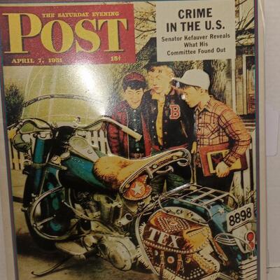 Saturday Evening Post Vintage Tin Sign Motorcycle Crime In The US 15.24" x 12.50