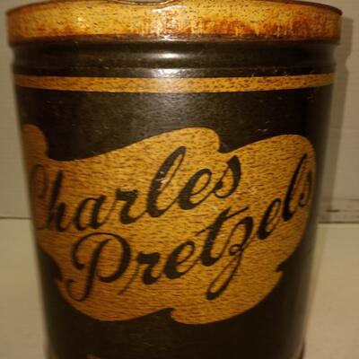 VINTAGE CHARLES PRETZELS TIN - MOUNTVILLE PA ADVERTISING - PRIMITIVE DECOR