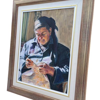 Greek Village Woman Knitting (Oil on Canvas) 17.5