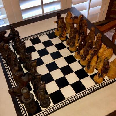 Vintage hand carved olive wood chessmen