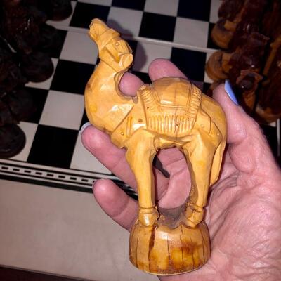 Vintage hand carved olive wood chessmen