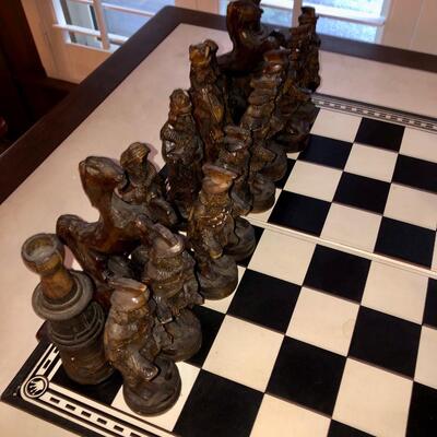 Vintage hand carved olive wood chessmen