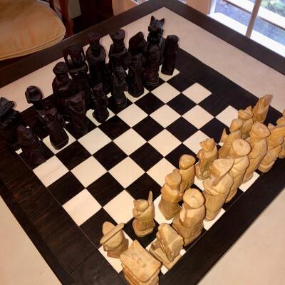 Vintage Chinese hand carved wooden chess pieces