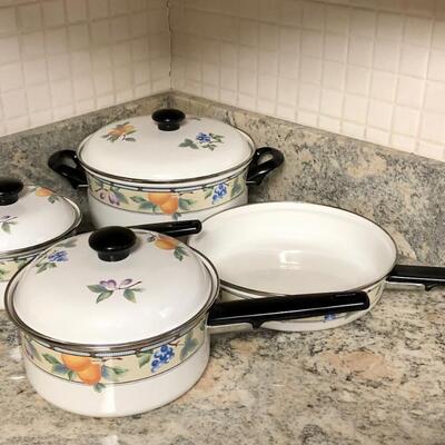 Mikasa Garden Harvest 4 piece pot and pan set with lids.