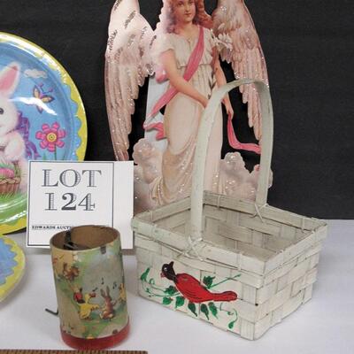 Lot of Easter Items, Unopened Paper Plates, Angel Stand-up, More