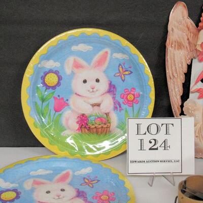 Lot of Easter Items, Unopened Paper Plates, Angel Stand-up, More