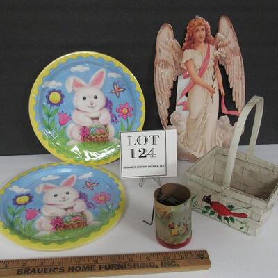 Lot of Easter Items, Unopened Paper Plates, Angel Stand-up, More