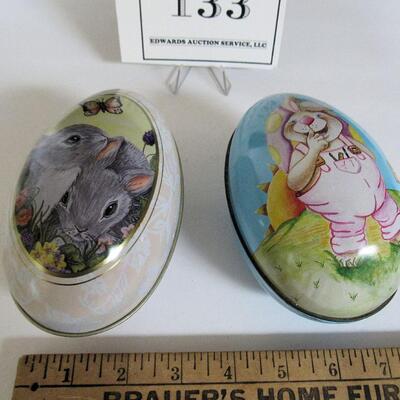 2 Older Easter Tin Egg Candy Containers