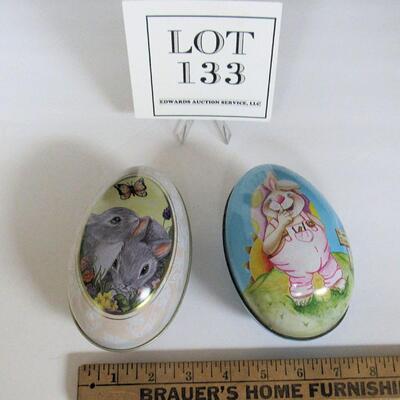 2 Older Easter Tin Egg Candy Containers