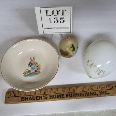 Lot of Old Easter Items, Salem China Bowl, Dimensional Egg Candle, Glass Egg