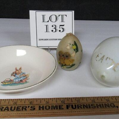 Lot of Old Easter Items, Salem China Bowl, Dimensional Egg Candle, Glass Egg