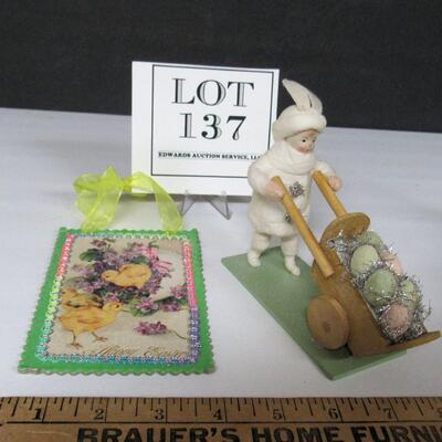 Cotton Easter Girl in Rabbit Hat Pushing Cart of Eggs, Hand Crafted Easter Hanging