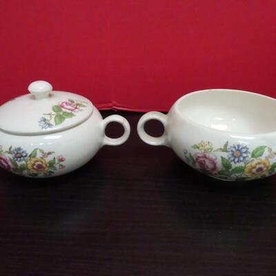 LOT 635. CREAMER SUGAR SET AND  PORCELAIN CARRIAGE