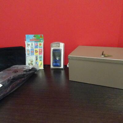 LOT 639. ANKLE WEIGHTS NEW IN PACKAGE, VINTAGE STORAGE BOX WITH KEY, MISC.