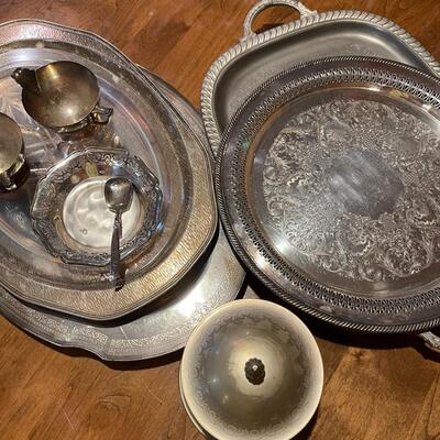 Lot 128 Group Misc Silverplate Trays Platters Creamer Sugar