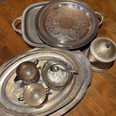Lot 128 Group Misc Silverplate Trays Platters Creamer Sugar