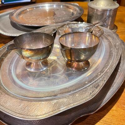 Lot 128 Group Misc Silverplate Trays Platters Creamer Sugar