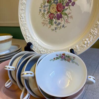 Lot 129 Floral China Chop Plate Cups & Saucers Pink Bowl Noritake Homer Laughlin