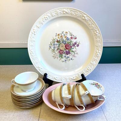 Lot 129 Floral China Chop Plate Cups & Saucers Pink Bowl Noritake Homer Laughlin
